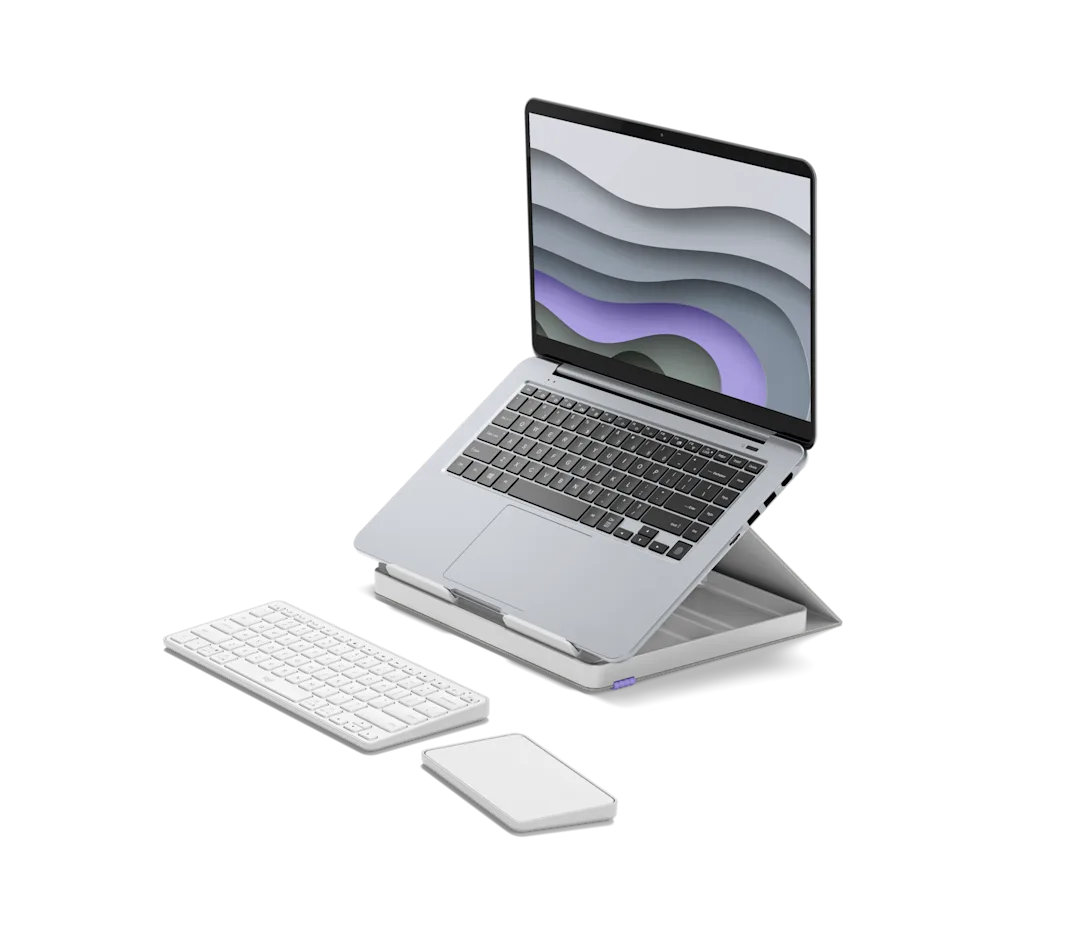 Secretária portátil dobrável com teclado e touchpad, em cinzento claro