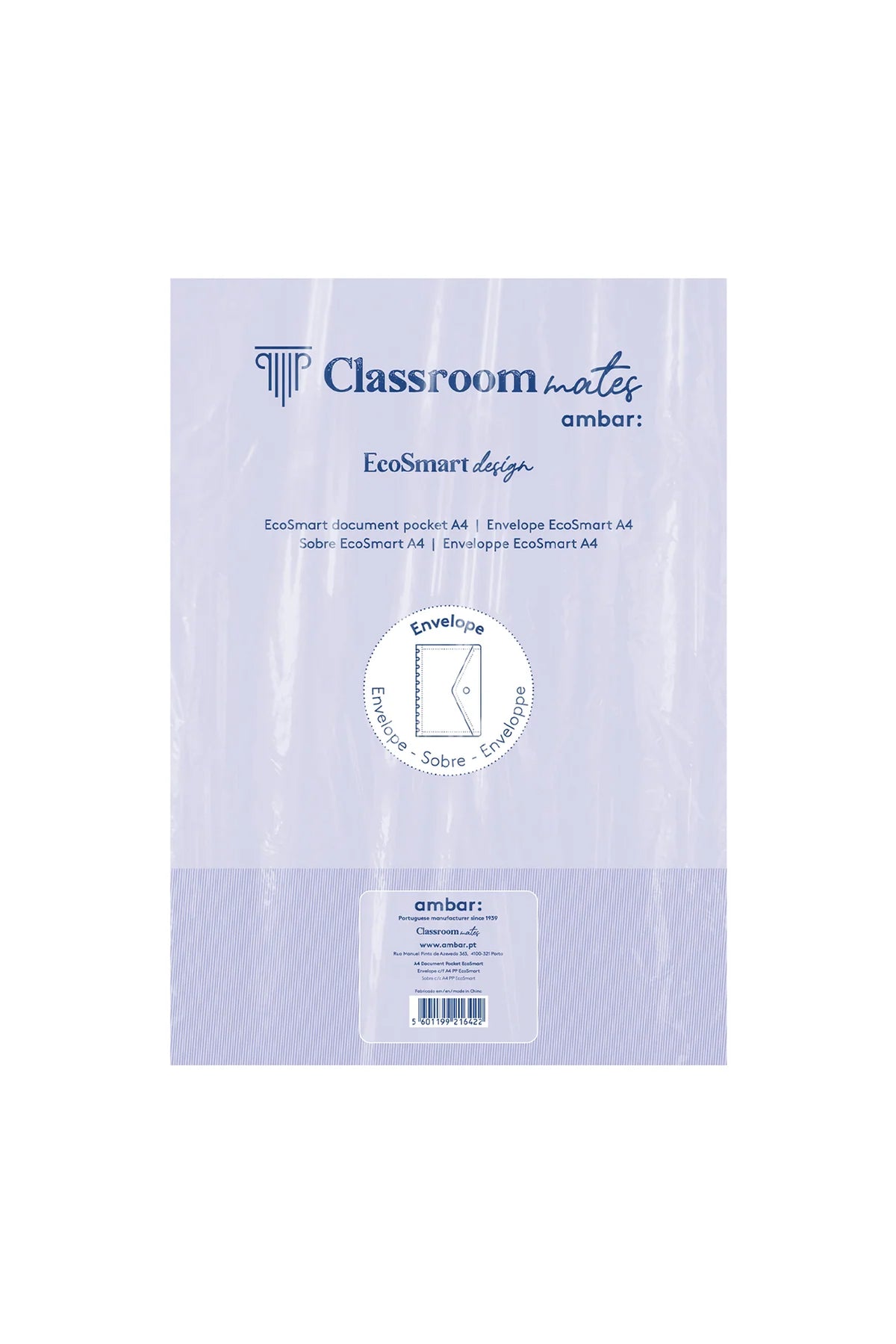 Envelope A4/A5/B5 azul claro com fecho, logótipo Classroom mates e ícone EcoSmart