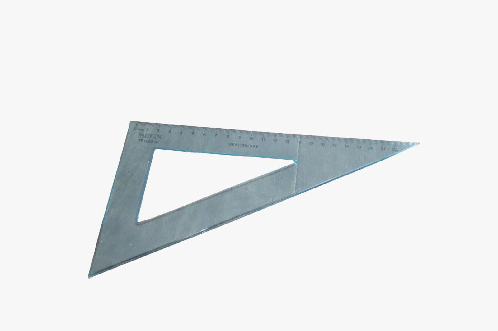 Esquadro transparente de 60 graus e 26 cm da marca Molin, com escala milimétrica preta nítida para desenho técnico e geometria, apresentado sobre fundo branco.
