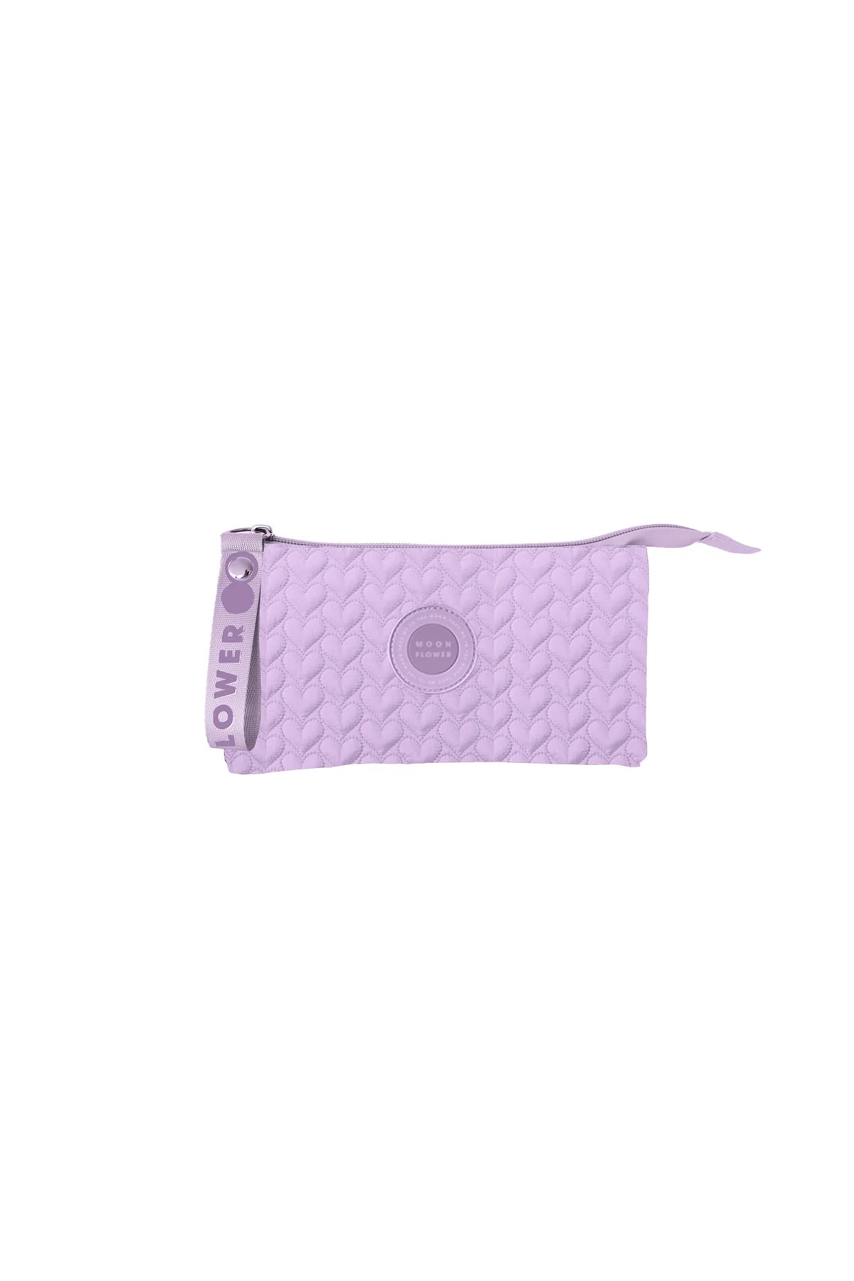 Bolsa retangular tripla roxa clara com fecho, textura acolchoada e puxador com etiqueta
