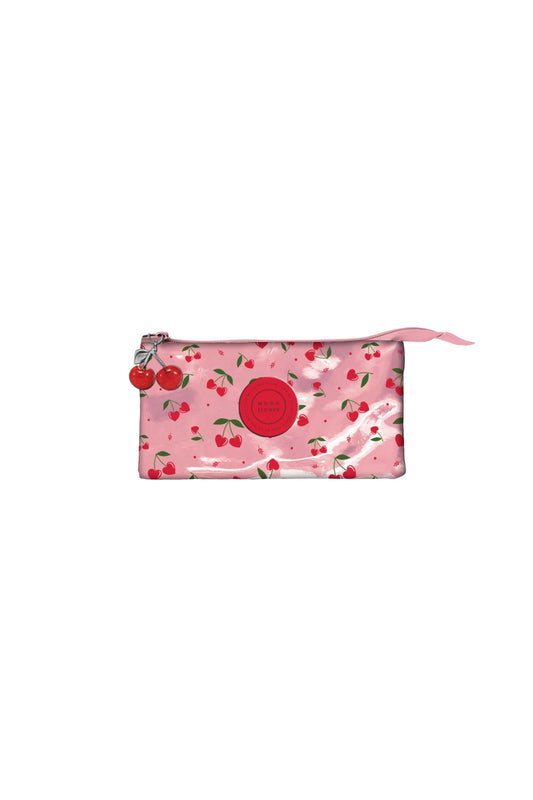 Bolsa retangular tripla rosa com fecho de correr e estampado frutado, alça curta