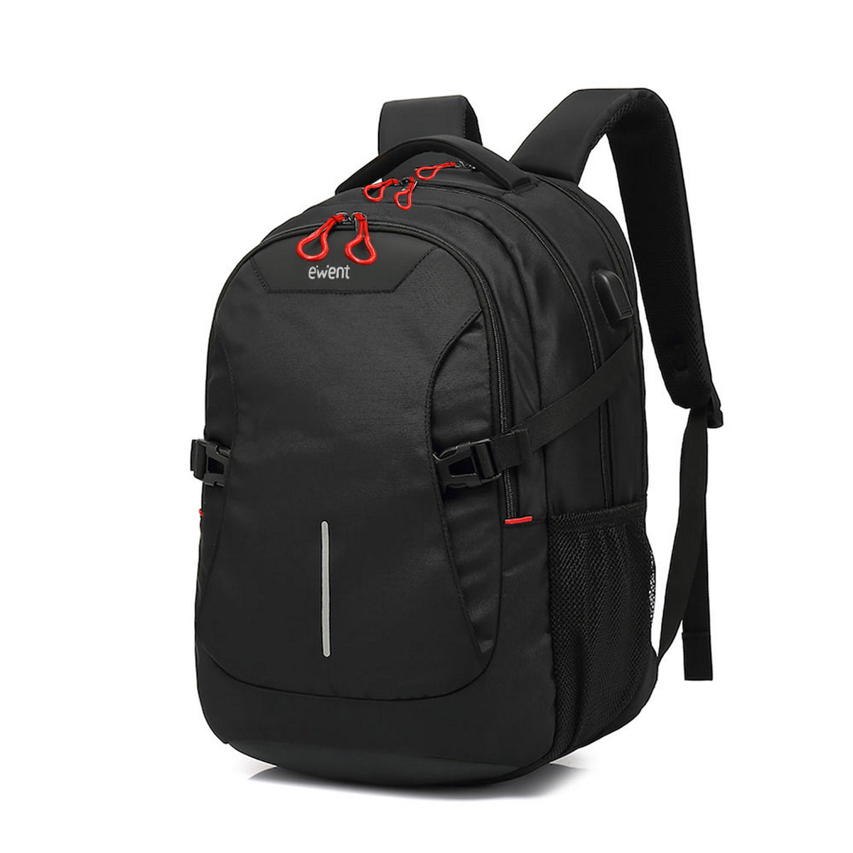 Mochila preta ewent com fecho frontal, alças ajustáveis e bolso lateral em malha
