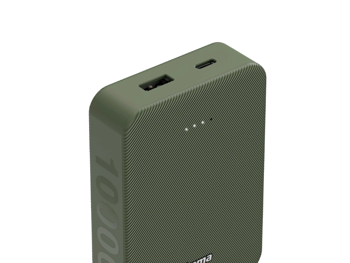 Power pack Hama 10000 mAh verde, portas e rótulo Hama na face