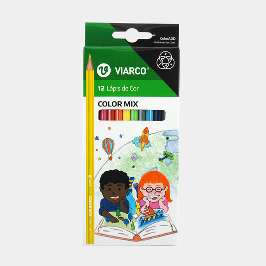 Caixa de 12 unidades de lápis de cor Viarco Colormix em cores sortidas e vivas com corpo redondo tradicional, sobre fundo branco.