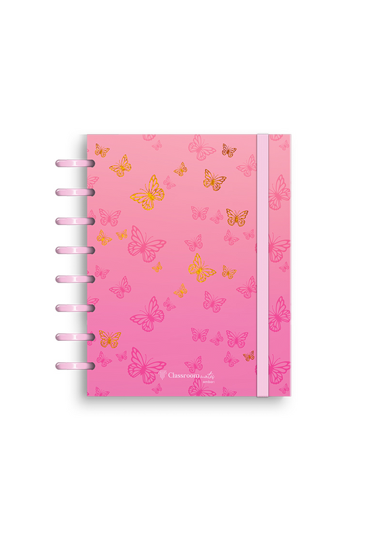 Caderno A5 rosa com argolas e capa com borboletas coloridas e faixa lateral