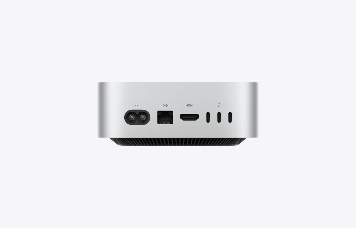 Mac mini Apple M6 cinzento, traseira com portas e ranhuras