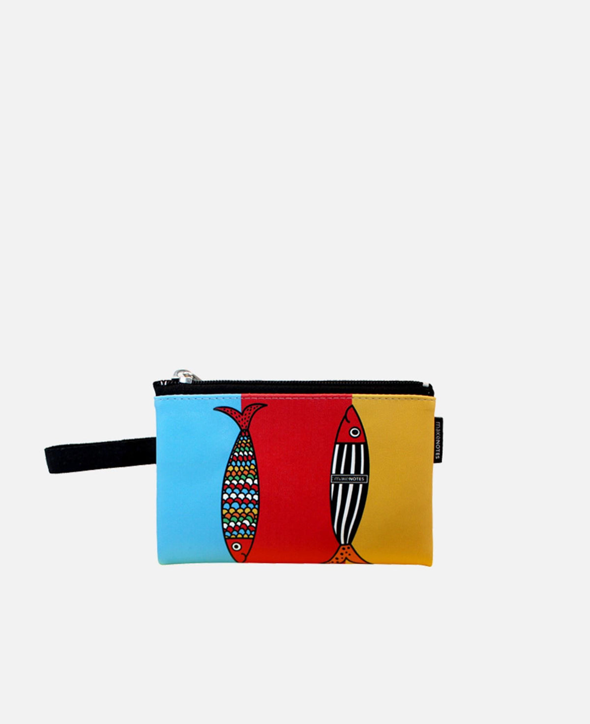 Bolsa clutch pequena Makenotes com padrão ilustrado de sardinhas coloridas estilo português, formato retangular de 16.5x10.5 cm com fecho de correr na parte superior, sobre fundo branco.