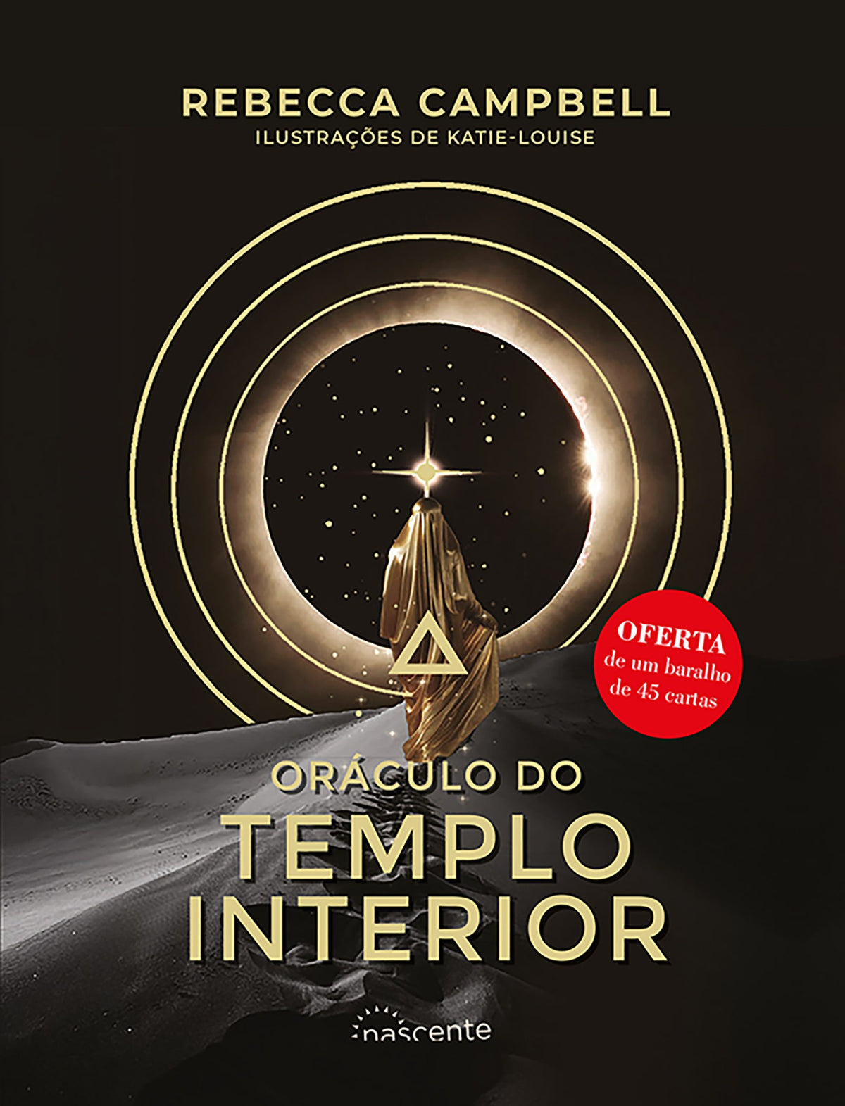Oráculo do Templo Interior por Rebecca Campbell, capa preta com símbolos dourados