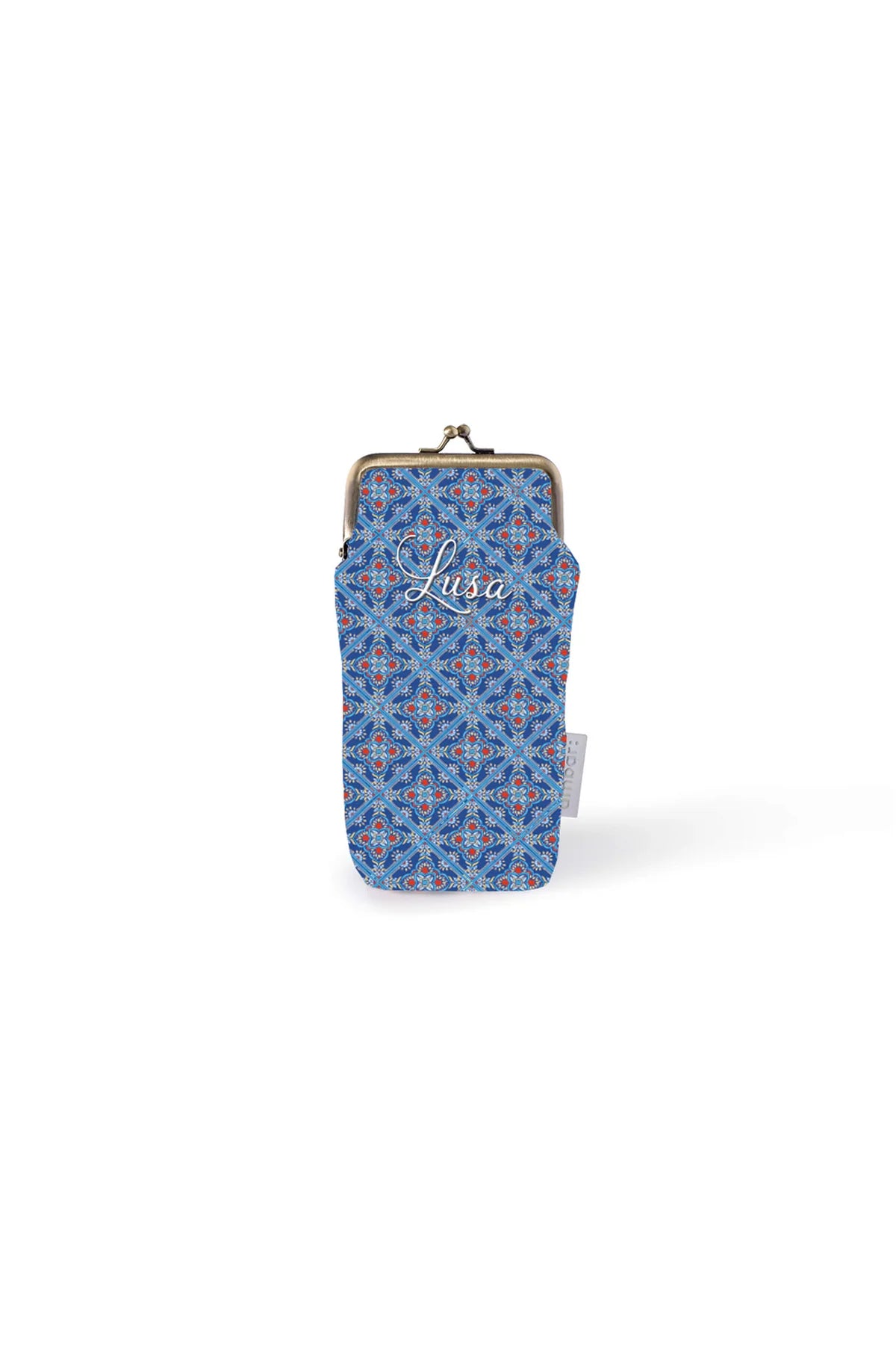 Bolsa porta-óculos flexível Ambar Lusa Tile Blue com padrão geométrico de azulejos tradicionais portugueses em tons de azul e branco, sobre fundo branco.