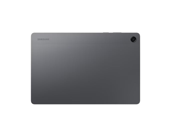 Tablet Samsung Galaxy Tab A11+ visto de costas, acabamento cinzento escuro