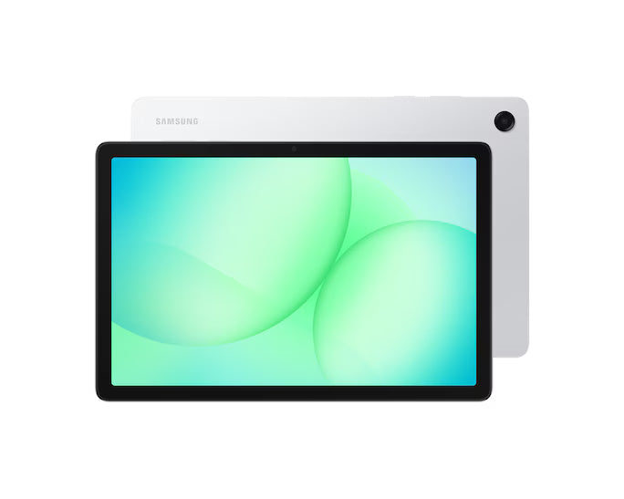 Tablet Samsung Galaxy Tab A11+ com ecrã aceso e traseira prateada