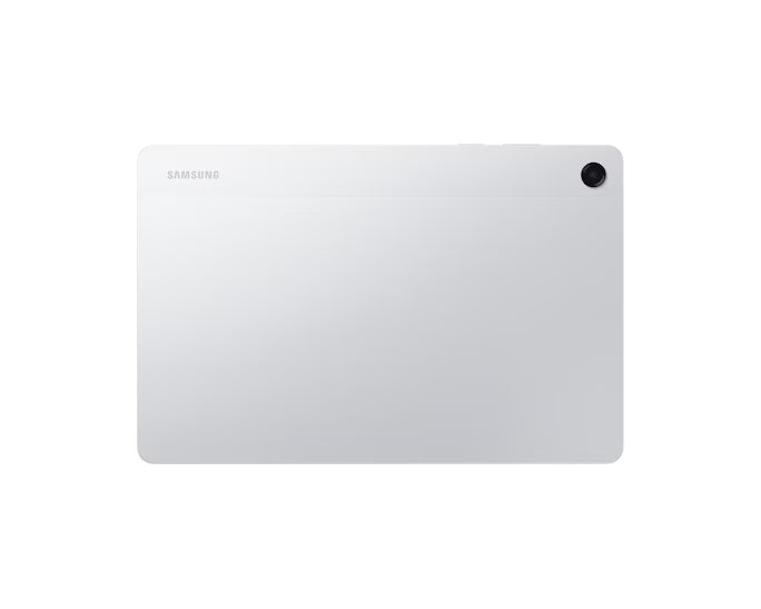 Tablet Samsung Galaxy Tab A11+ visto de costas, acabamento prateado