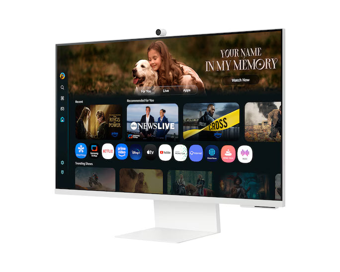 Monitor branco de 32" visto de frente com moldura fina e suporte