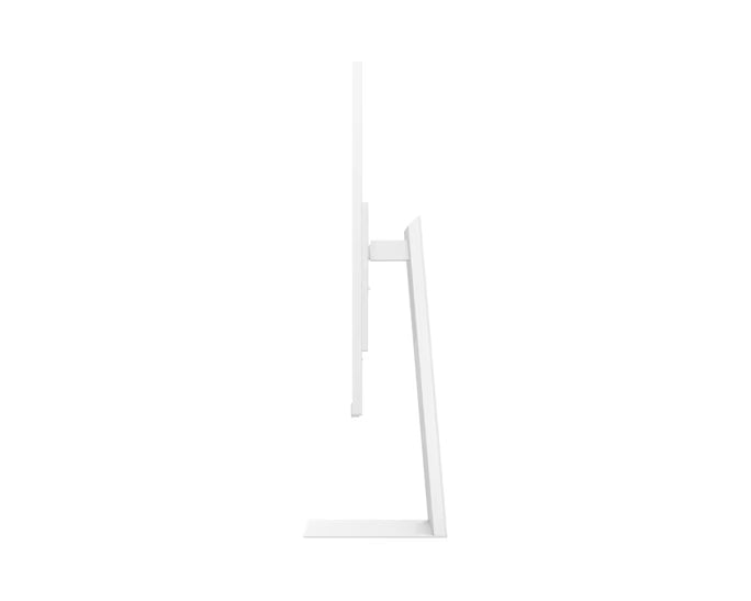 Suporte do monitor branco com base em forma de T, visto de lado