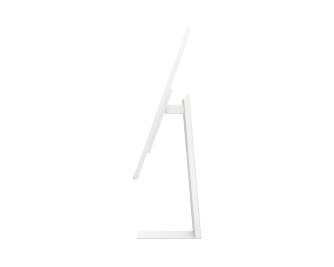 Suporte do monitor branco com pé fino e inclinação, vista lateral