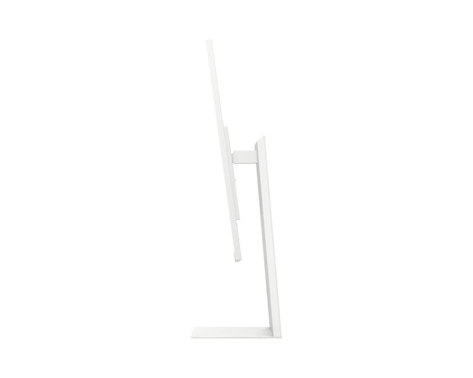 Suporte do monitor branco em perfil, estrutura alta com base larga