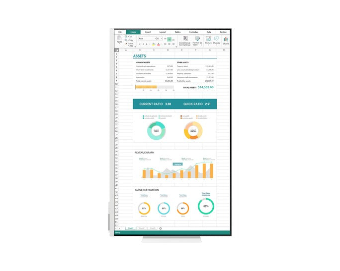 Ecrã do monitor com dashboard de gráficos e tabelas, em fundo branco