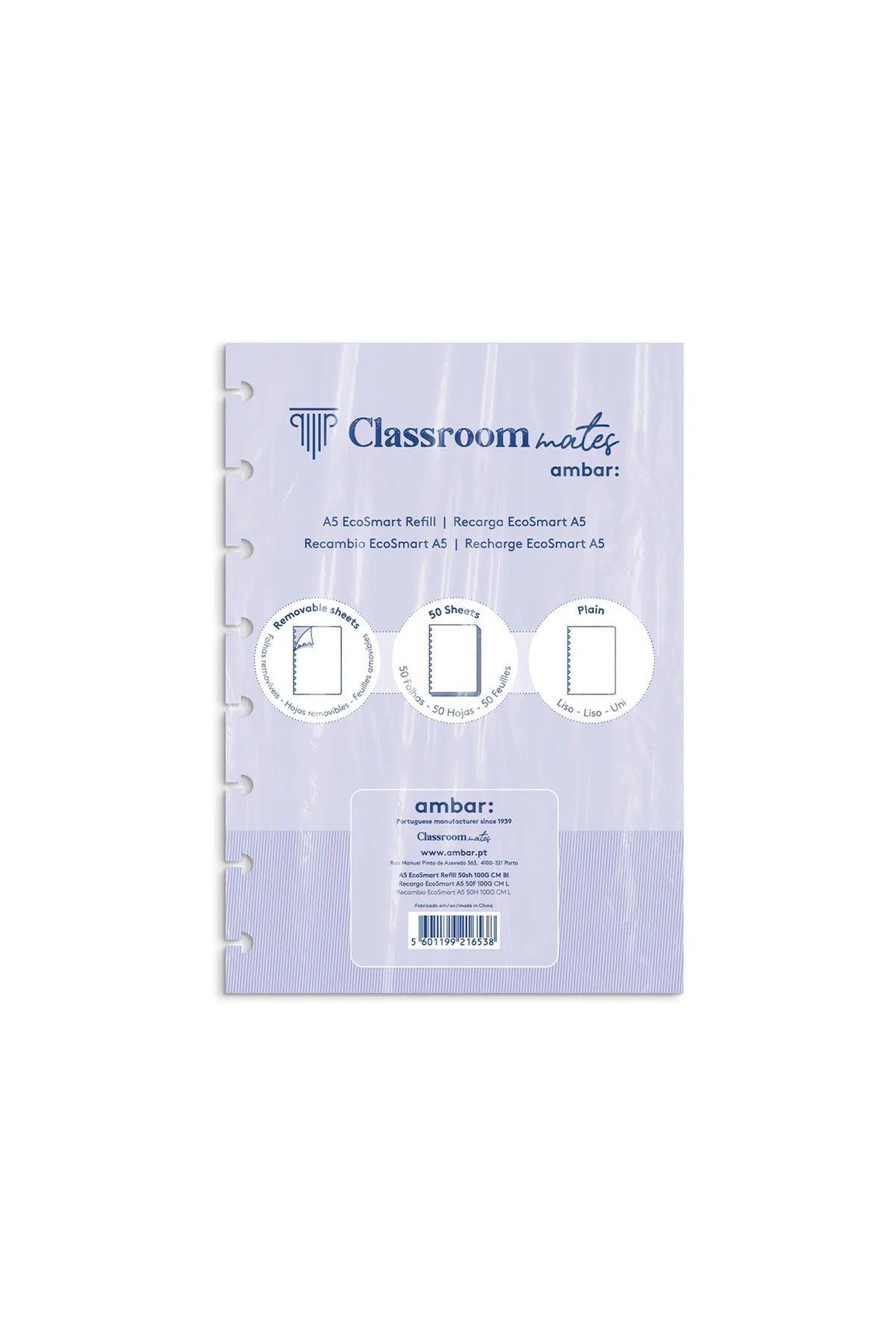Recarga Classroommates com capa lilás translúcida, perfuração para argolas e 3 selos circulares.