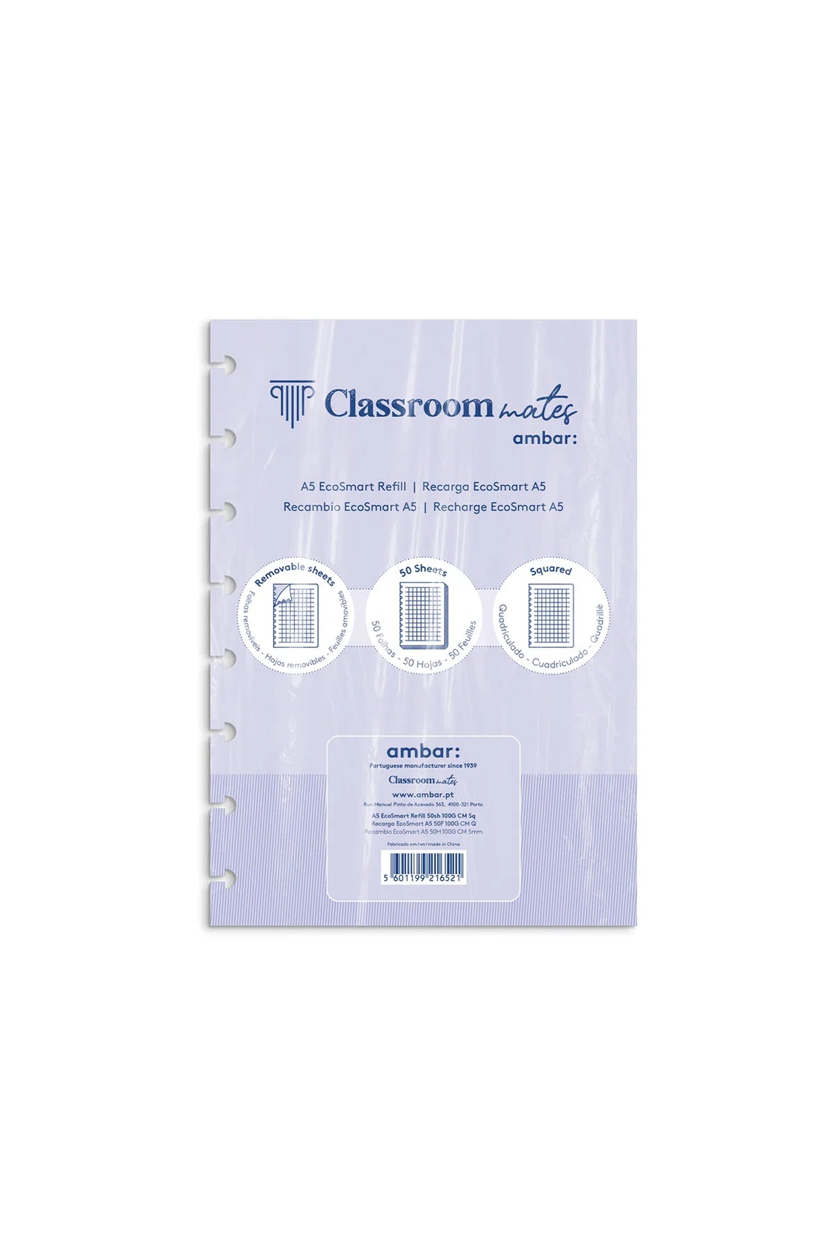 Recarga Classroommates lilás com capa transparente e perfuração; três etiquetas circulares no topo.