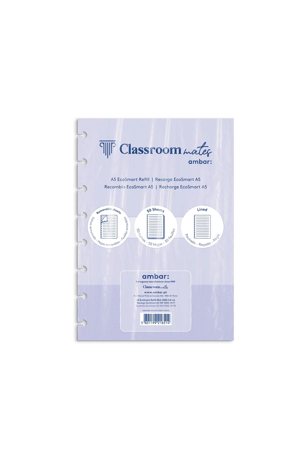 Recarga Classroommates com capa lilás e perfuração para argolas; etiquetas circulares e campo “ambr:”.