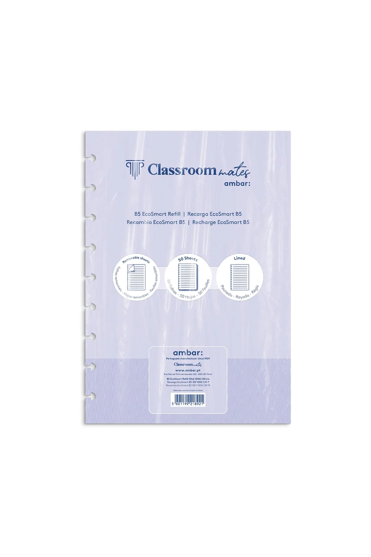 Recarga Classroommates com capa lilás e perfuração para argolas; etiqueta central com “ambr:” e código.