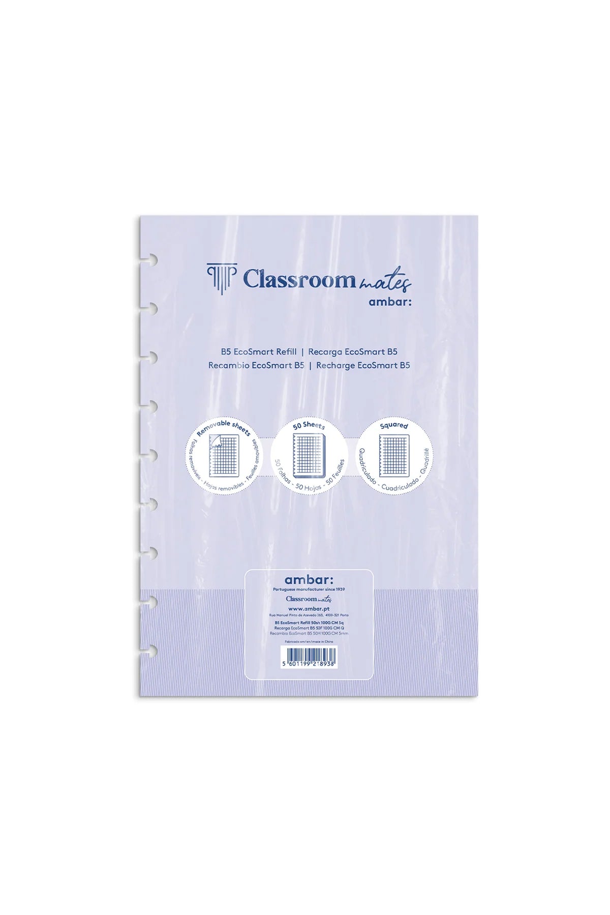Recarga Classroommates lilás com perfuração lateral esquerda e três círculos de informação.