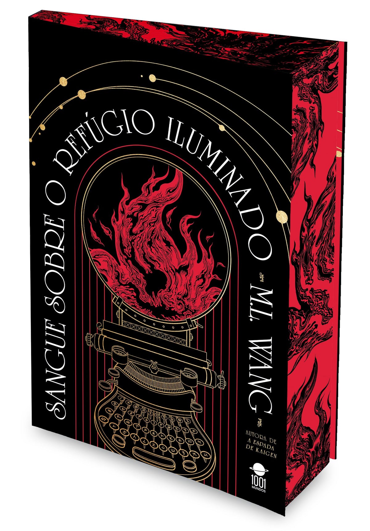 Livro em caixa: capa preta e vermelha, chama em círculo e máquina dourada