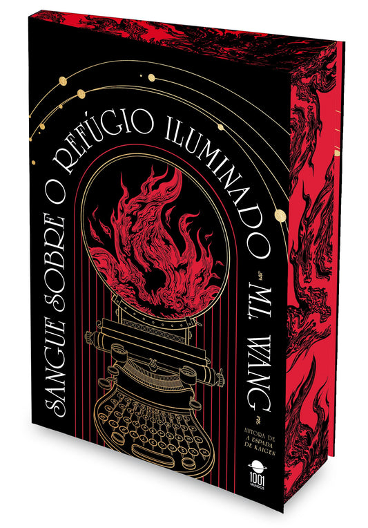 Livro em caixa: capa preta e vermelha, chama em círculo e máquina dourada