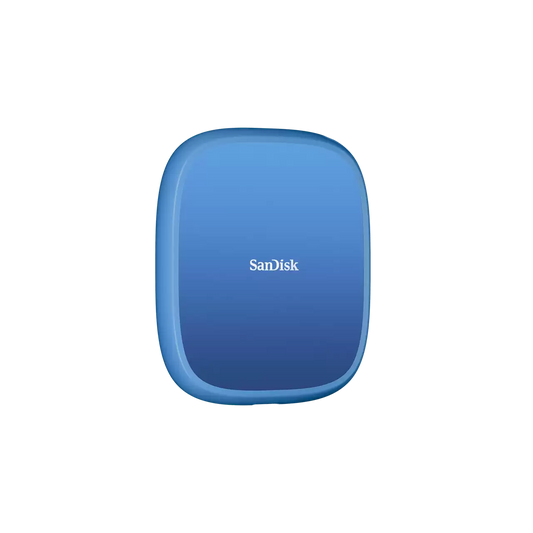 SSD móvel SanDisk Creator em caixa azul, formato quadrado arredondado