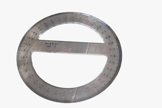 Transferidor circular transparente de 15 cm da marca Maber, com escala completa de 360 graus impressa em preto nítido, apresentado sobre fundo branco.